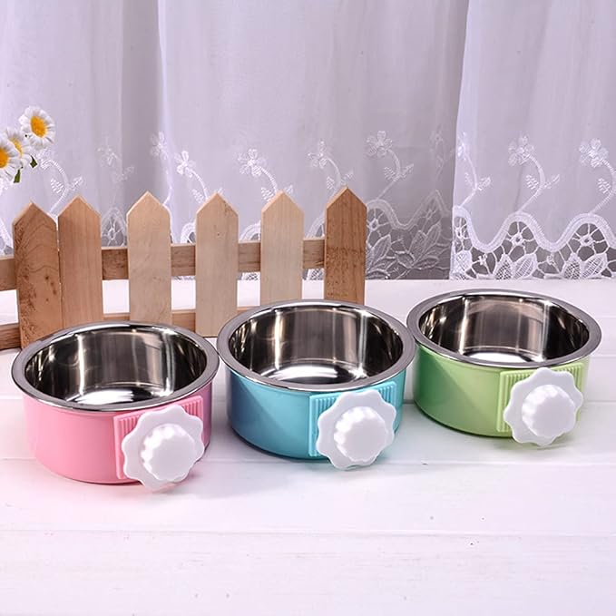 Crate Dog Bowl,Removable Stainless Steel Water Food Feeder Bowls Crate Coop Cup,Pet Cage Bowls with Bolt Holder for Cat, Puppy, Birds, Rats, Rabbits Small Animals ((Blue+Green+Pink) Round, Samll)