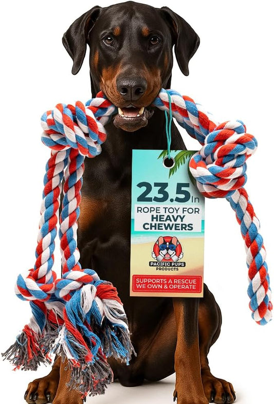 Pacific Pups Products XL Dog Rope Toy for Aggressive Chewers - Benefits Non-Profit Dog Rescue - Tug of War Dog Toy, Dog Toys for Large Dogs Tough Dog Toys for Aggressive Chewers Red