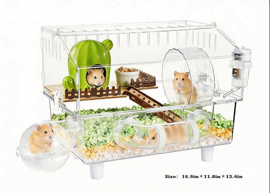 8-in-1 Acrylic Hamster Cage, Clear Transparent Habitat with All Accessories, Multi-Level Small Animal Enclosure with 2 Hideout for Summer and Winter