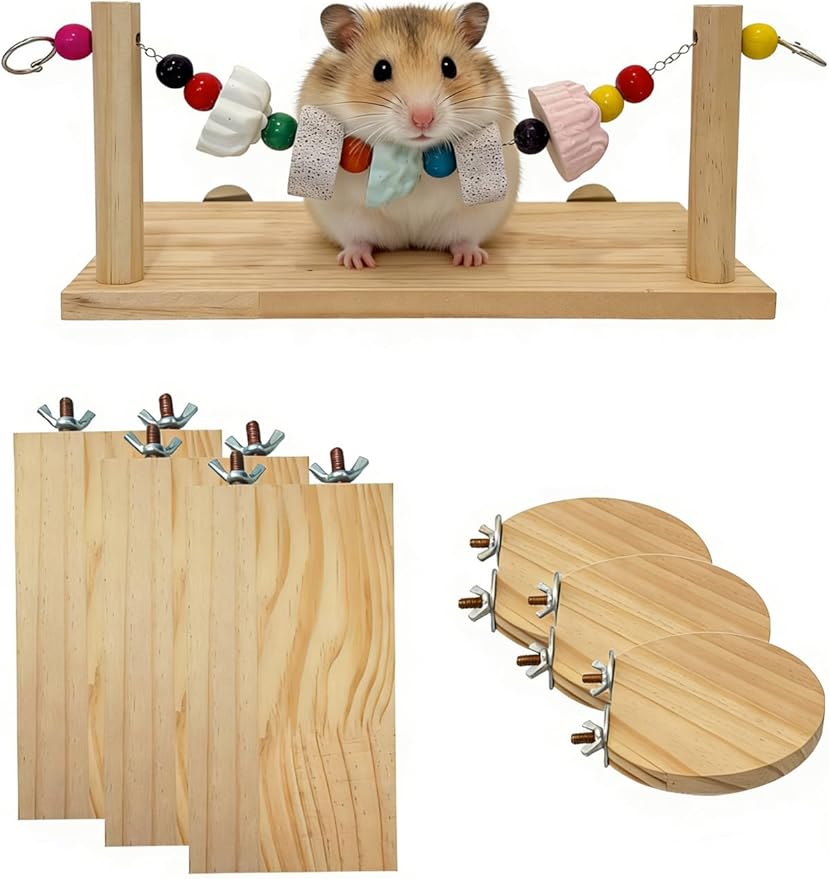 Chinchilla Ledges Wood Sets, Hamster Wooden Stand Platform with Lava Ledge Blocks Chew Toys Small Animal Cage Accessories for Rat Gerbil Guinea Pig Chipmunk Squirrel Mouse