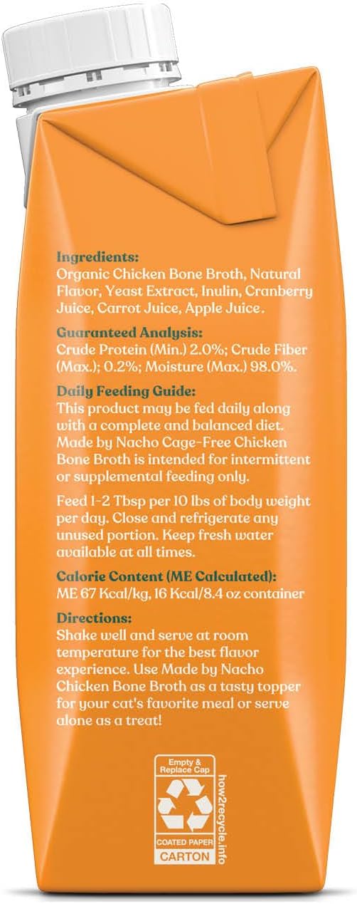 Made by Nacho Bone Broth Cat Food Topper for Hydration and Picky Eaters - Add Protein and Flavor to Your Dry Cat Food – Supports Optimal Nutrition, Digestion, Skin & Coat, 11 oz. (Pack of 4), Chicken