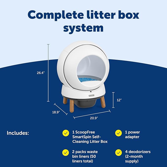 PetSafe ScoopFree SmartSpin Self-Cleaning Litter Box Bundle Advanced Odor Control App Controlled Up to 2 Weeks of Hands-Free Cleaning Includes Litter Mat, 50 Waste Bin Liners, 4 Deodorizers