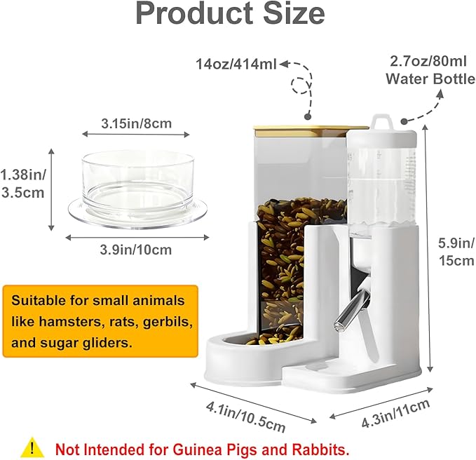 No-Drip 2-in-1 Hamster Water Bottle & Automatic Feeder, All-in-One Small Animal Cage Accessories with Snack Bowl for Hamsters, Mice, Gerbil and Sugar Gliders