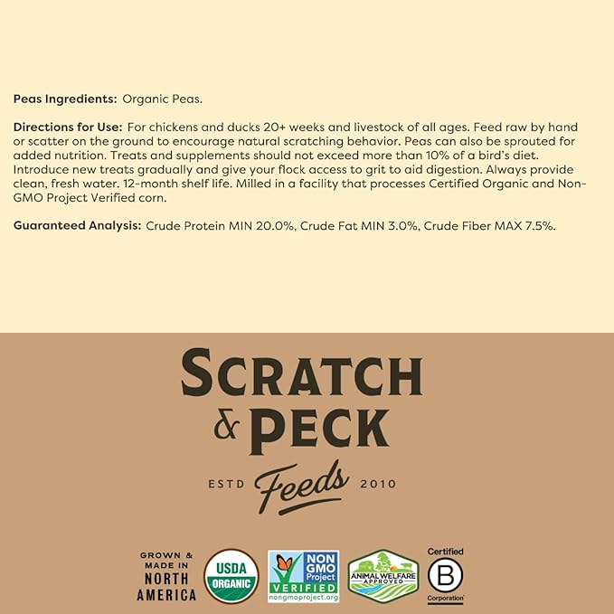 Scratch and Peck Whole Peas Chicken, Duck and Livestock Supplemental Grain - 20% Protein, Certified Organic and Non-GMO Project Verified Chicken Food - 40 lbs Bag