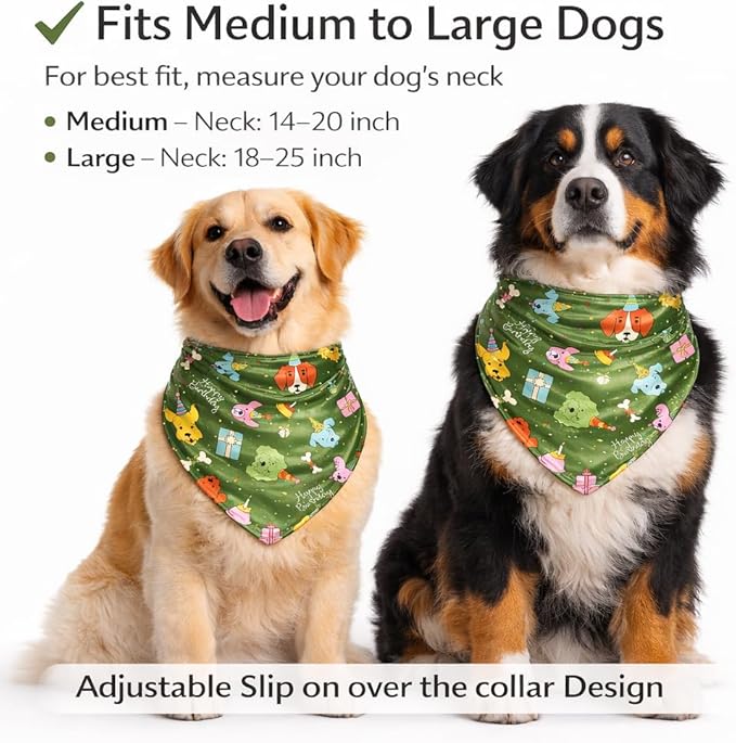 Luxury Satin Dog Bandana – Slip-On Collar Style, Premium Pet Scarf for Medium, Large & XL Dogs – Special Occasion Accessory (Collar Not Included) (Medium - Extra Large, Bday (Green))