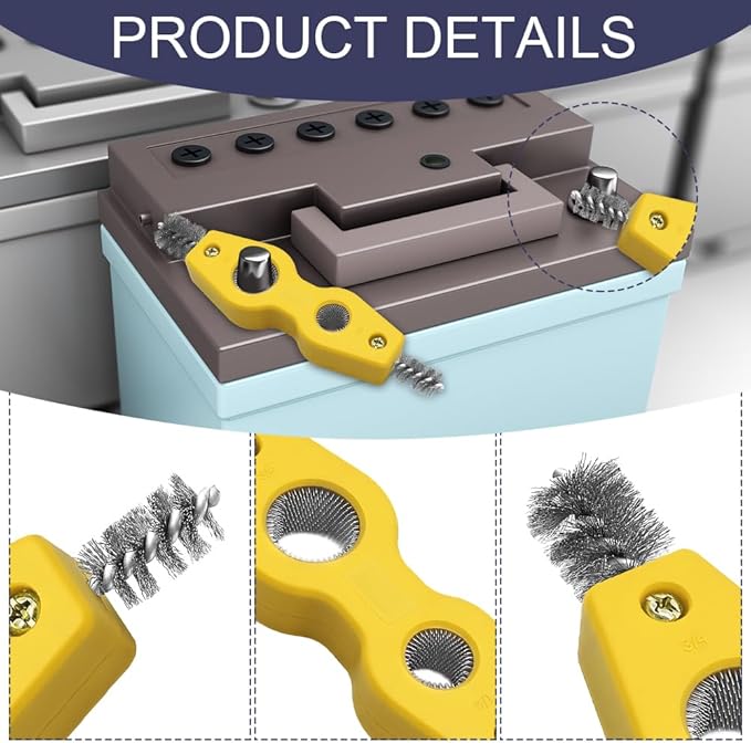 Car Battery Terminal Cleaning Brush, 4 in 1 Auto Battery Terminal Cleaning Tools, Copper Pipes Cleaner Brush Tool, Universal Battery Terminals Machine Parts Cleaning Tool (Yellow, 2PCS)
