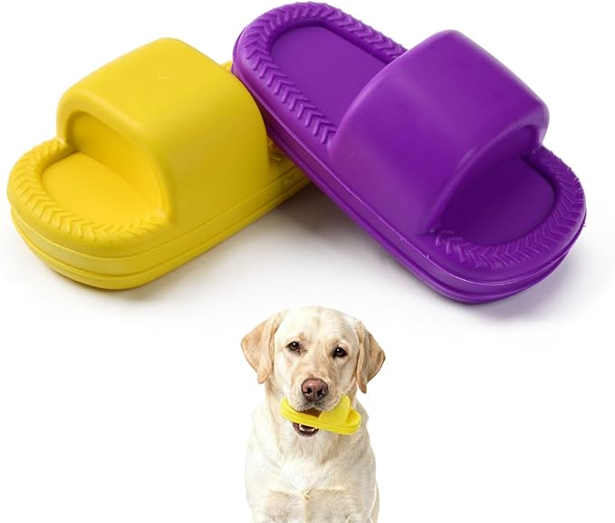 MECOOL Squeaky Slipper Dog Toy - Chew Toys for Aggressive Chewers, Durable Rubber Chew Toy for Dental Cleaning & Boredom Relief, for Small Medium Dogs, 2PCS Yellow and Purple