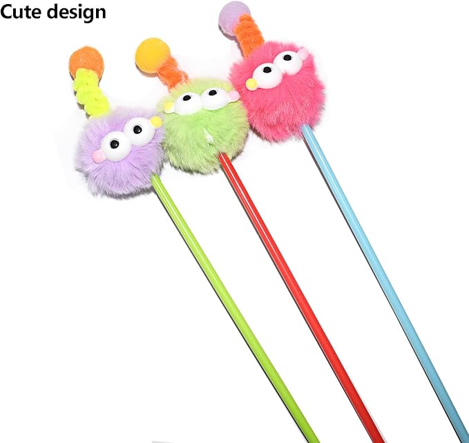 IUHKBH Cat Wands, 3 PCS Fluffy Ball Teaser Wands Interactive Kitten Toys Adorable Cat Toys No Noise Kitty Wand for Energetic Kittens
