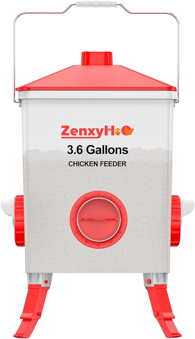 ZenxyHoC 3.6 Gal Chicken Feeder with Anti-Roost Cone, 3 Height Adjustable Locking Legs and 4 No-Waste Ports for Backyard Flock