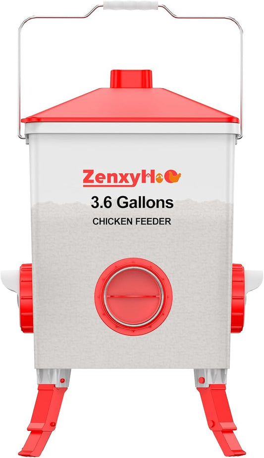 ZenxyHoC 3.6 Gal Chicken Feeder with Anti-Roost Cone, 3 Height Adjustable Locking Legs and 4 No-Waste Ports for Backyard Flock