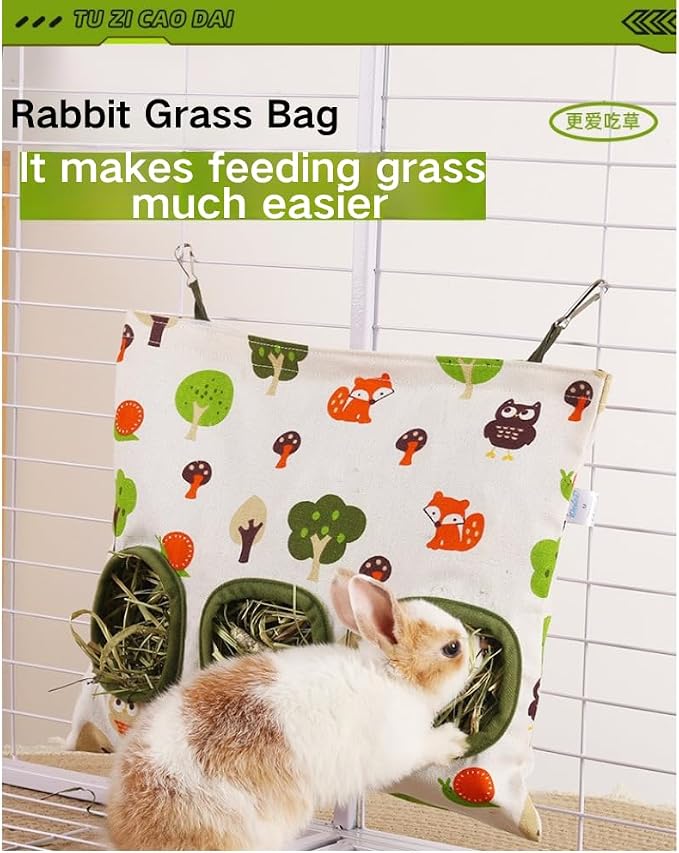 Rabbit Hay Feeder Bag for Cage Guinea Pig Timothy Hay Dispenser Storage Manger Hanging Large Less Waste for Bunny Guinea Pig Chinchilla (Love Strawberry,Small)