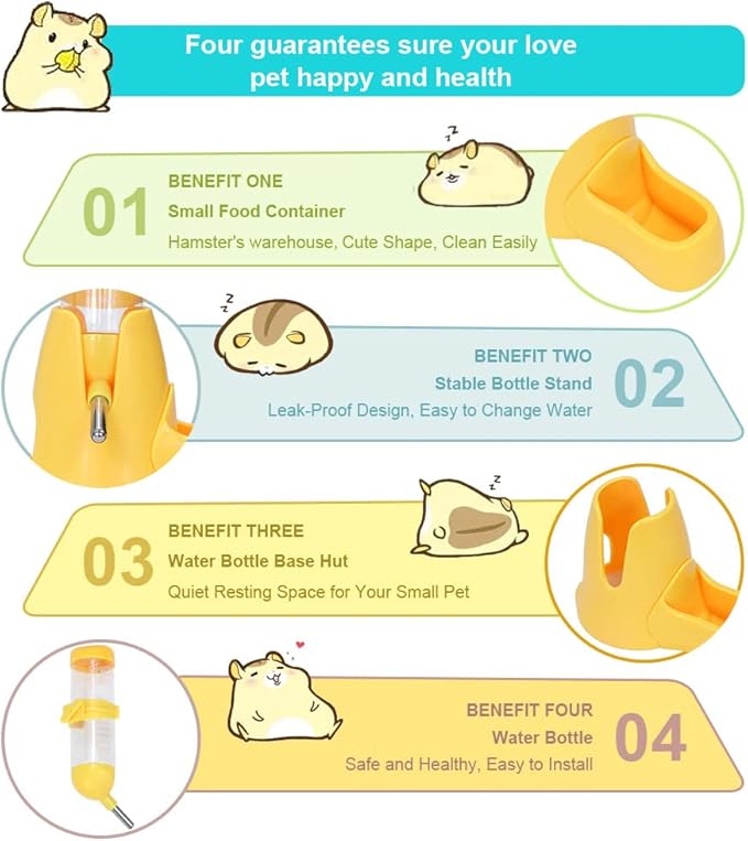 Litewoo 3 in 1 Hamster Water Bottle Small Animal Water Bottle with Food Container Base Hut Hanging Pet Automatic Feeding Drinking Dispenser for Dwarf Hamster Rats Mouse Gerbil Mice