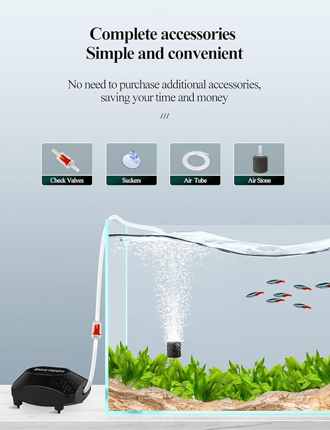 UPETTOOLS Single Outlet Aquarium Air Pump, Aquarium Bubbler Kit with Air Tubing/Bubble Stone/Check Valve Accessories, Quiet Oxygen Pump for 20 to 100 Gallon Fish Tanks