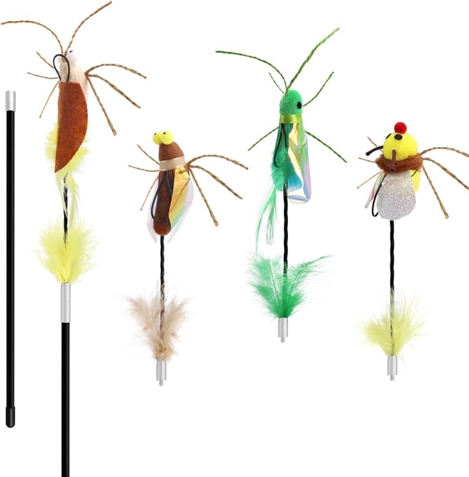 SONGWAY Cat Bug Toy Wand - Cat Teaser Wand Toy with 4 Pcs Cute Insect Feather cat Toy Replacements, Interactive Cat Toys Bug for Indoor Cats Kittens