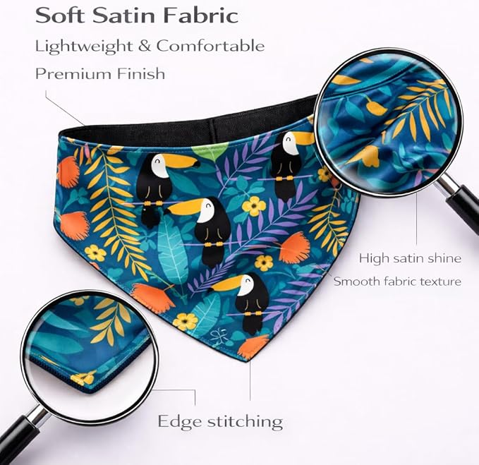 Luxury Satin Dog Bandana – Slip-On Collar Style, Premium Pet Scarf for Medium, Large & XL Dogs – Special Occasion Accessory (Collar Not Included) (Medium - Extra Large, Toucan (J) Luxe - Satin)