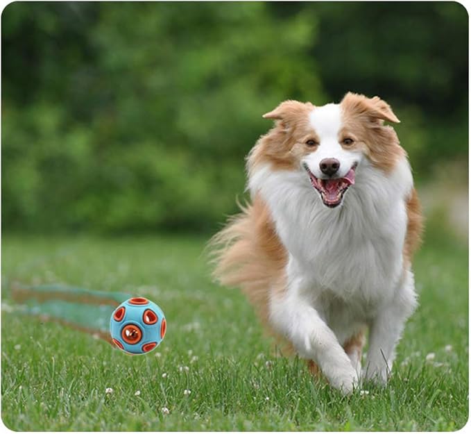WishLotus Interactive Dog Toy With Ring Bell Squeak - Rubber Bouncy Ball for Pet Exercise, IQ Training, Search & Catch - Bite Resistant Chewing Puzzle Toy (L, Orange&Blue)