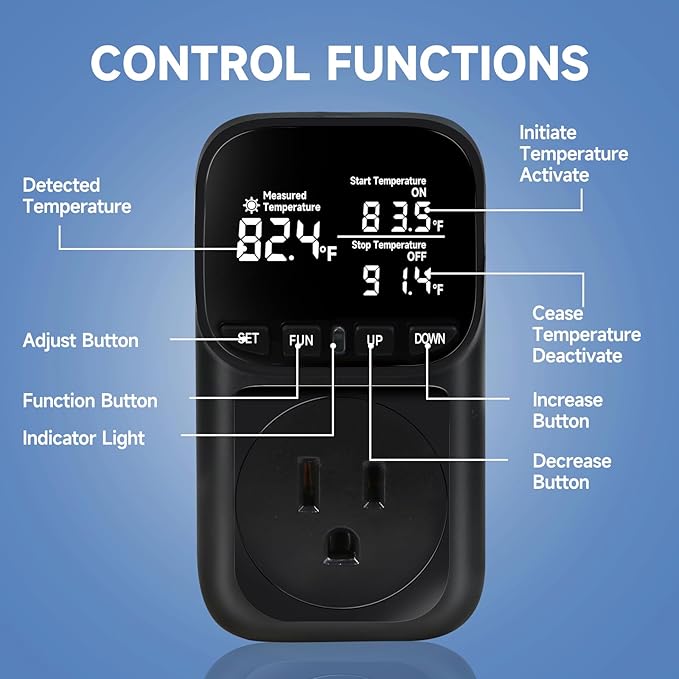 Temperature Controlled Outlet , 15A/1800W Digital Thermostat Outlet, Cyclic Timing/Countdown, -40℉~210℉ VA Display Heating Cooling Control Timer with 2Pcs Probe Cable for Reptile Incubator