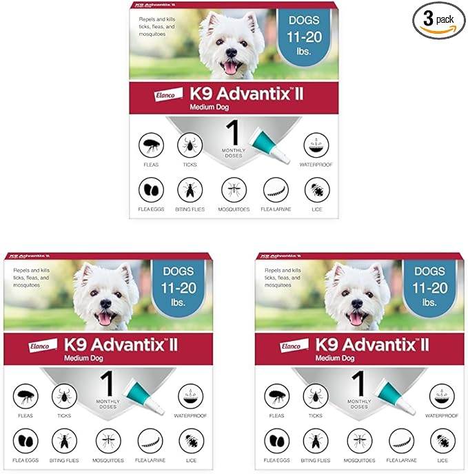 K9 Advantix II Medium Dog Vet-Recommended Flea, Tick & Mosquito Treatment & Prevention | Dogs 11-20 lbs. | 1-Mo Supply (Pack of 3)