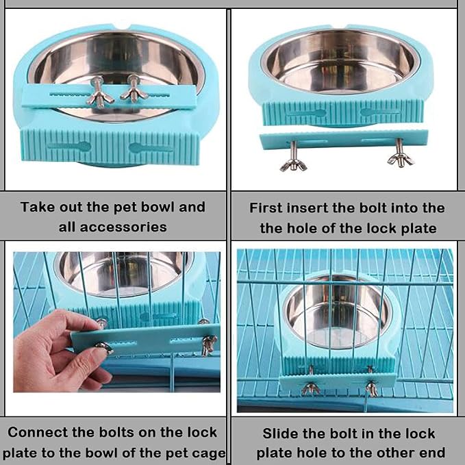 Crate Dog Cat Bowls, Removable Stainless Steel Hanging Pet Cage Bowls for Kennel, Crate Food Water Feeder Bowls with Bolt Holder for Cat, Puppy, Rabbite Birds and Other Small Animals (Large, Blue)