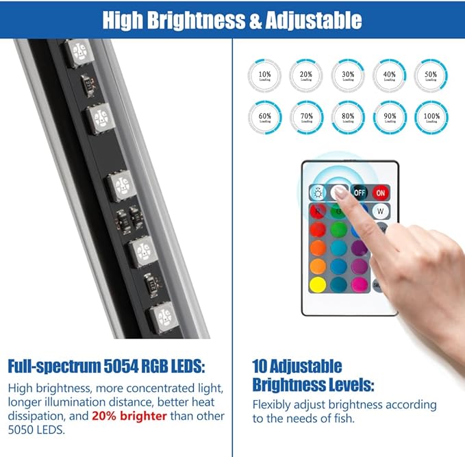 LED Aquarium Light with IP68 Waterproof and Memory Function Submersible Fish Tank Light with Remote and 16 Colors 15 Inches Brightness Adjustable Underwater Light Bar for Fish Tank Aquarium