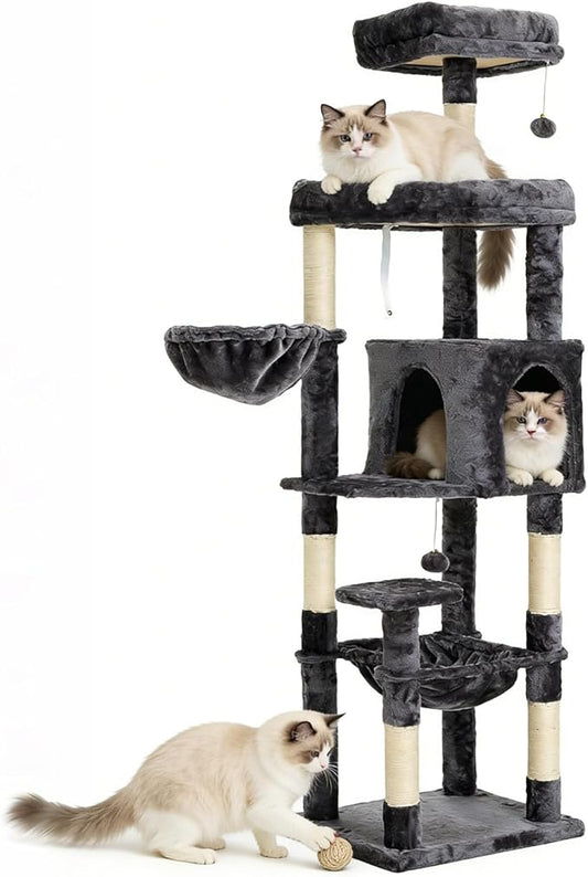67-Inch Cat Tree with Bed, Hammock, Observation Deck, Plush Platform & Toy Ball for Indoor Cats (Grey)