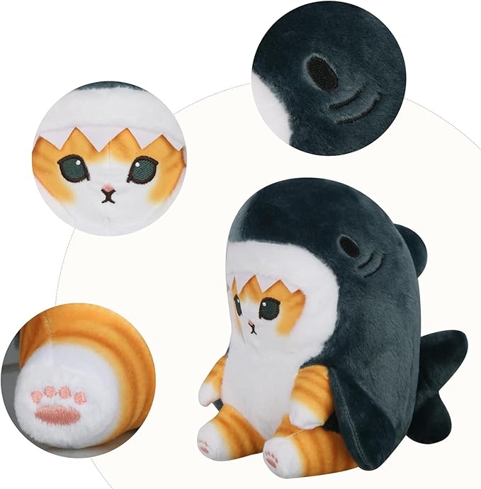 Shark Cat Plush Toy, Cute Fried Shrimp Shark Stuffed Animals Doll, Kawaii Shark Cat Plush Pillow Toy Birthday for Kids Boys Girls (Blue, 8inch)