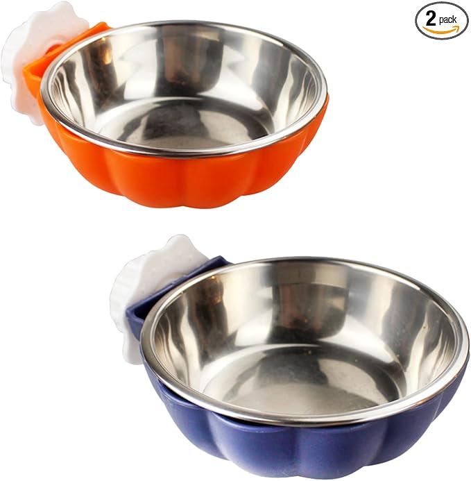 Fhiny Crate Dog Bowl, Removable Stainless Steel Pet Cage Bowl Hanging Food & Water Feeder Coop Cup for Cat, Puppy, Ferret, Birds, Guinea Pigs 2 Pack