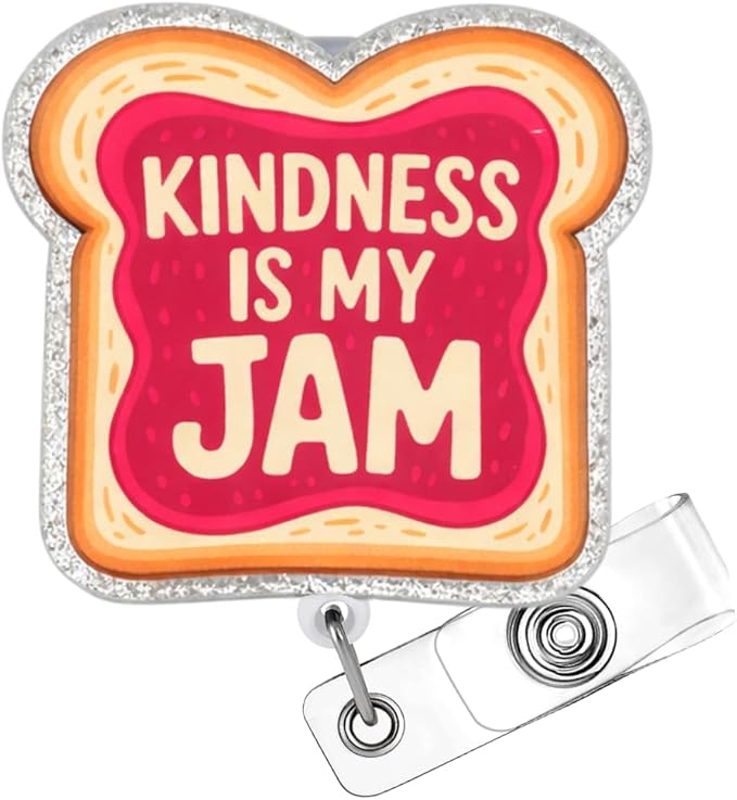 Kindness Is My Jam Badge Reel Glitter Retractable ID Holder Clip Inspirational Positive Nurse Medical RN CNA CMA EMS Healthcare Nursing Cute Name Tag Fun Decorative Bling Gift Office Women Accessories