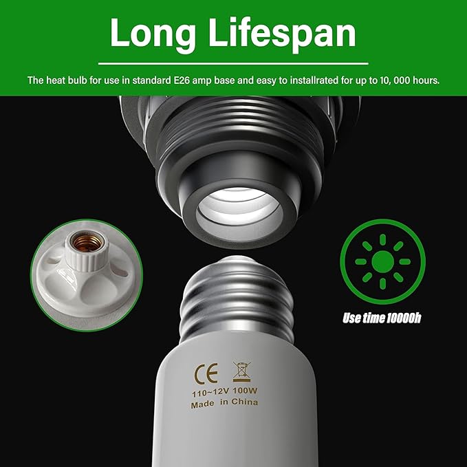 HealSmart Reptile Heat Lamp Bulb Ceramic Heat Emitter 100W No Light Emitting Brooder Coop Heater for Amphibian Pet & Incubating Chicken, White