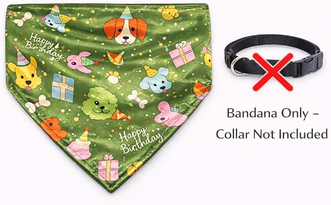Luxury Satin Dog Bandana – Slip-On Collar Style, Premium Pet Scarf for Medium, Large & XL Dogs – Special Occasion Accessory (Collar Not Included) (Medium - Extra Large, Bday (Green))