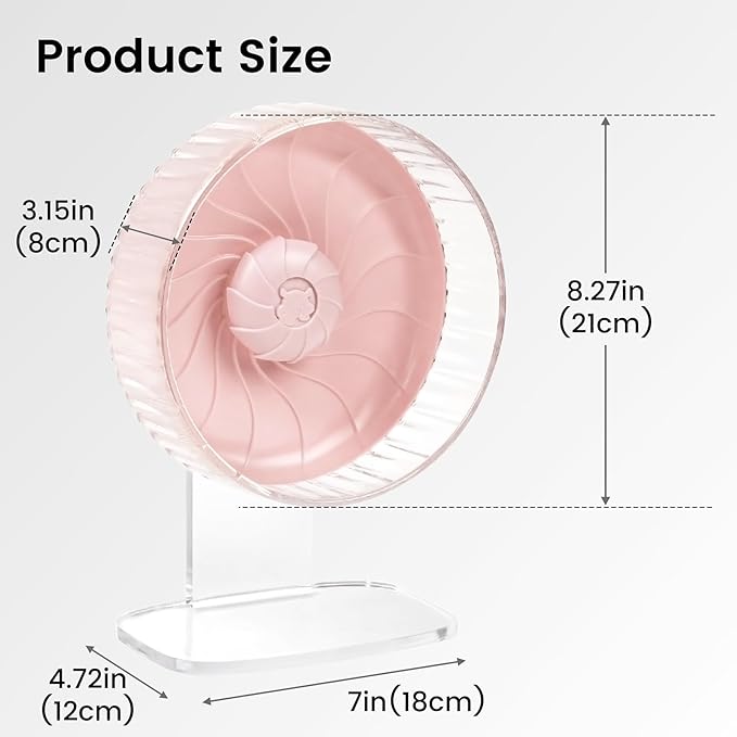 Silent Hamster Wheel, 8in Hamster Wheel with Adjustable Stand, Double-Bearing Quiet Spinner for Syrian Hamsters, Hedgehogs, Mice & Small Pets, Pink