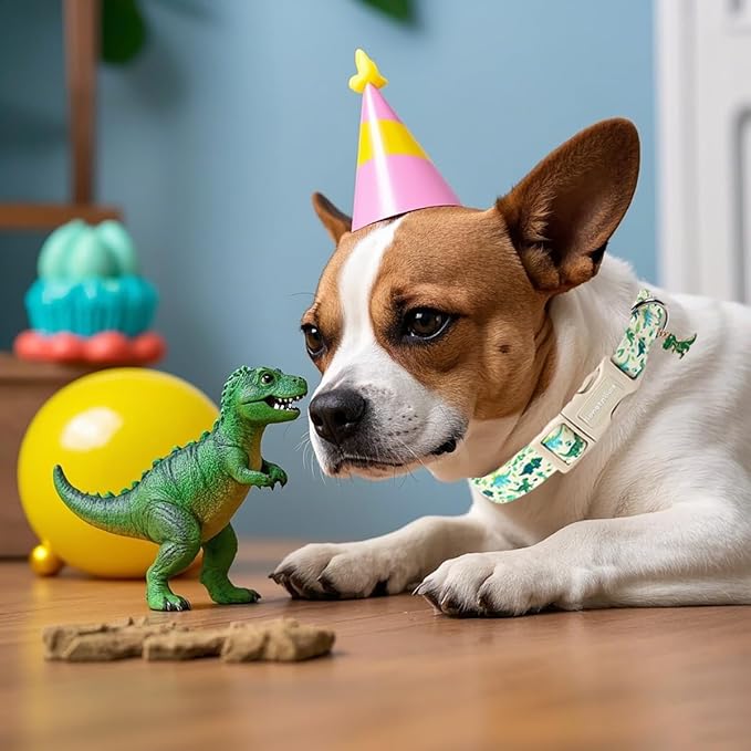Lionet Paws Green and Blue Dinosaur Dog Collar- Cute Stegosaurus and Raptor Beige Dog Collars with Plastic Buckle,Light Adjustable Dog Collars for Small Dogs