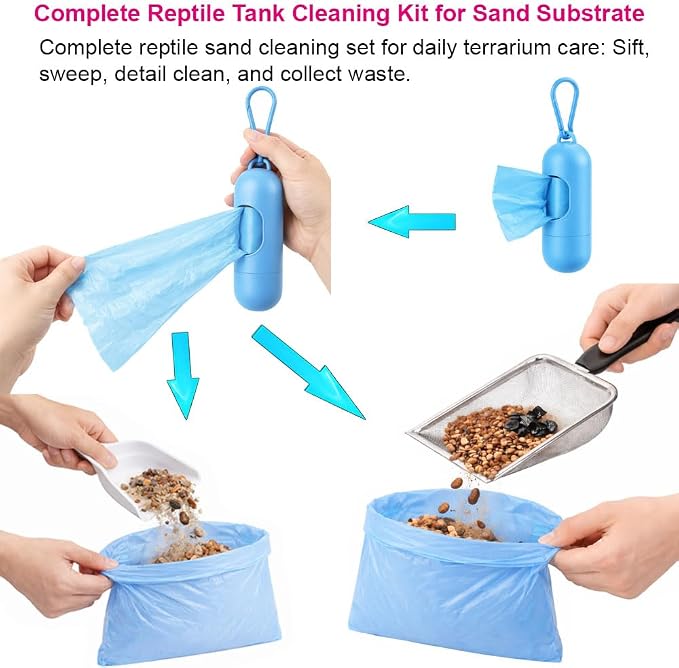 Reptile Sand Scoop Cleaning Kit for Bearded Dragon & Leopard Gecko Tank Accessories – Reptile Sand Sifter, Reptile Litter Scoop, Mini Brush & Dustpan, Hanging Waste Bag Dispenser