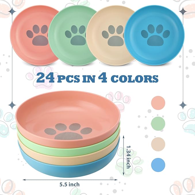 Tioncy 24 Pcs Cat Food Bowl 5.5'' Fatigue Relief Shallow Cat Food Dish Wide and Small Pet Wet Plate Wide Stray Wet Feeding Bowl for Ferrets Feral Short Legged Kitten, Wheat Straw(Four Color,Cute)