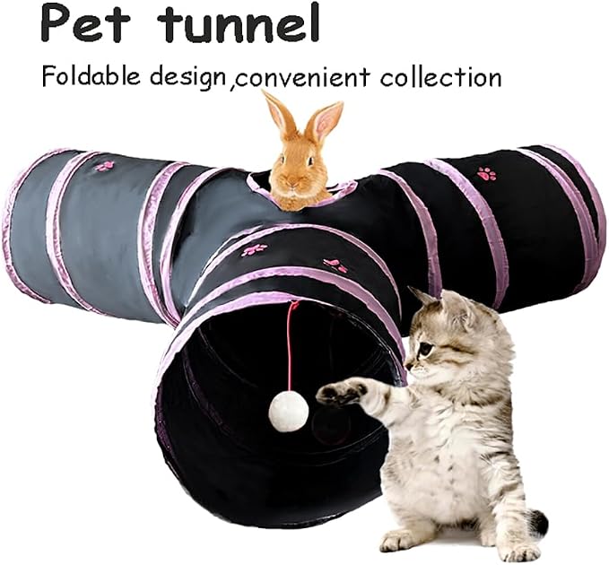 3-Way Collapsible Cat Tunnel Tube Toy Black Pink Paws — Interactive Play Tunnel with Hanging Ball & Peek Hole for Indoor Cats, Kittens, Puppies & Rabbits | Hours of Fun & Exercise