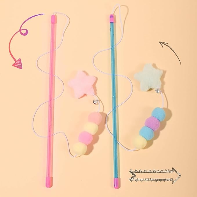 Pink Cat Stick Toy, Teaser Wand Toys, Interactive Toys, Elastic Rope Plush Ball Star Pendant Bite Comfortable Grip, Indoor and Kitten Wand Cat Mice and Animals