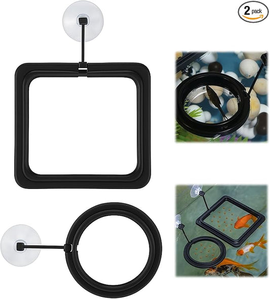 2PCS Small Fish Feeding Ring, Square and Round Mini Aquarium Feeder with Strong Suction Cup Floating Fish Feeder Ring for Betta Goldfish Guppy (Black)