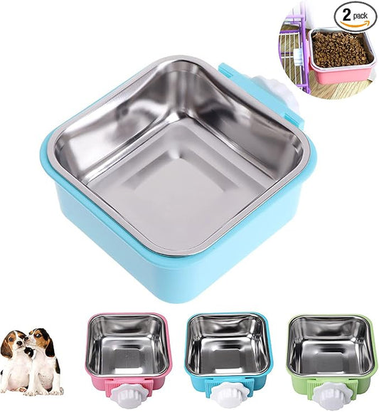 Love Dream Crate Dog Cat Bowls, Hanging Pet Cage Food Water Feeder with Removable Stainless Steel Bowls and Bolt Holder for Puppy Cat Rabbit Birds (Large, Blue)