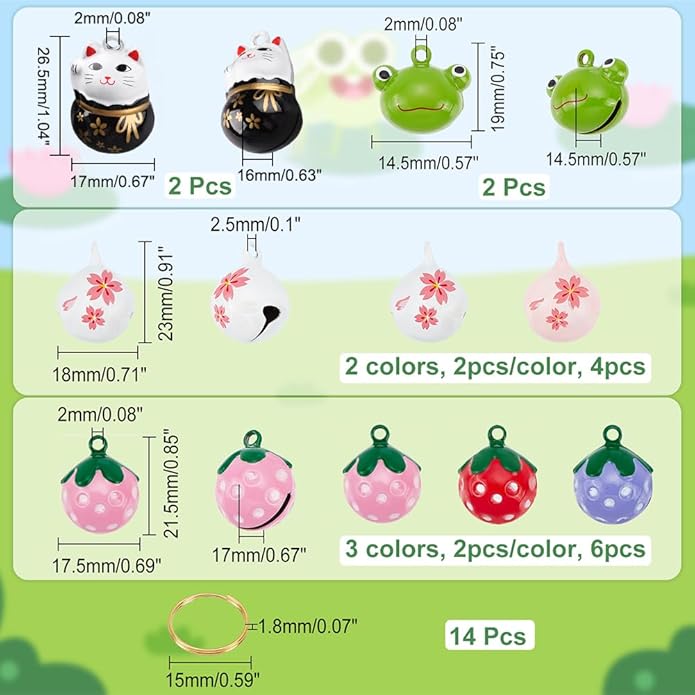 CHGCRAFT 14Pcs 7 Styles Pet Collar Bells Brass Cherry Panda Frog Strawberry Charm Cat Collar Bell Pet Pendant Accessories with Stainless Steel Double Loops Jump Rings for Potty Training