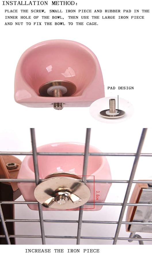 Small Animals Bowl, Detachable Cage Feeder Pet Ceramic Water & Food Feeder, Small Animal Supplies for Rabbit Parrot Squirrels Chinchilla Hamster Ferret (Pink, M)