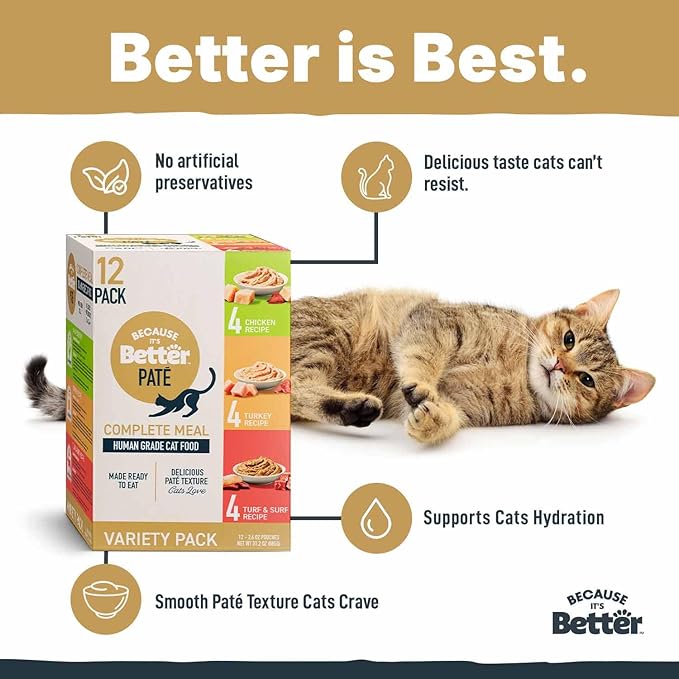 Because It’s Better Pate Complete Meal - Wet Cat Food - Variety Pack - Ocean, Turkey & Chicken Flavors - Organic, Balanced, Smooth Pate Texture, Human-Grade Ingredients, 2.6 oz Pouches (12 Count)
