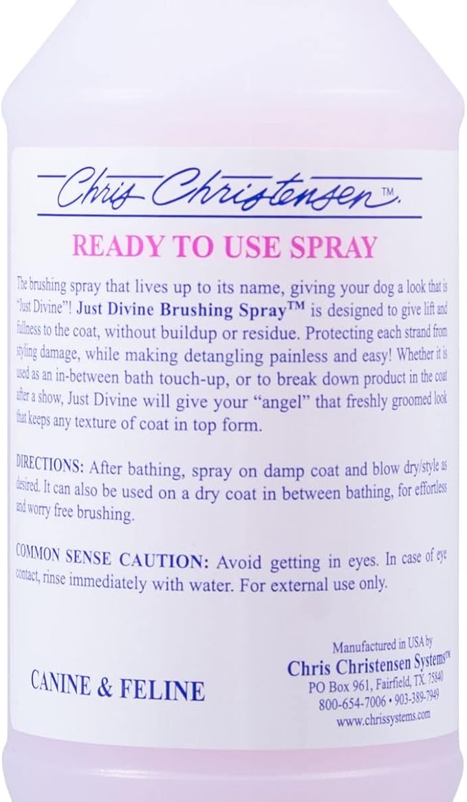 Chris Christensen Just Divine Dog Brushing Spray, Groom Like a Professional, Prevents Brushing Damage, Light Detangler, Ready to Use, All Coat Types, Made in USA, 16oz