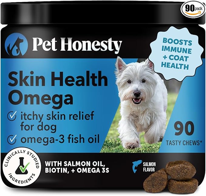 Pet Honesty Omega Skin Health Chews for Dogs, Alaskan Salmon Oil, Omega-3 Fish Oil, Krill, Spirulina, Omega-3s, Healthy Skin & Coat, Itchy Skin, Dog Allergies, May Reduce Shedding (90 Count)