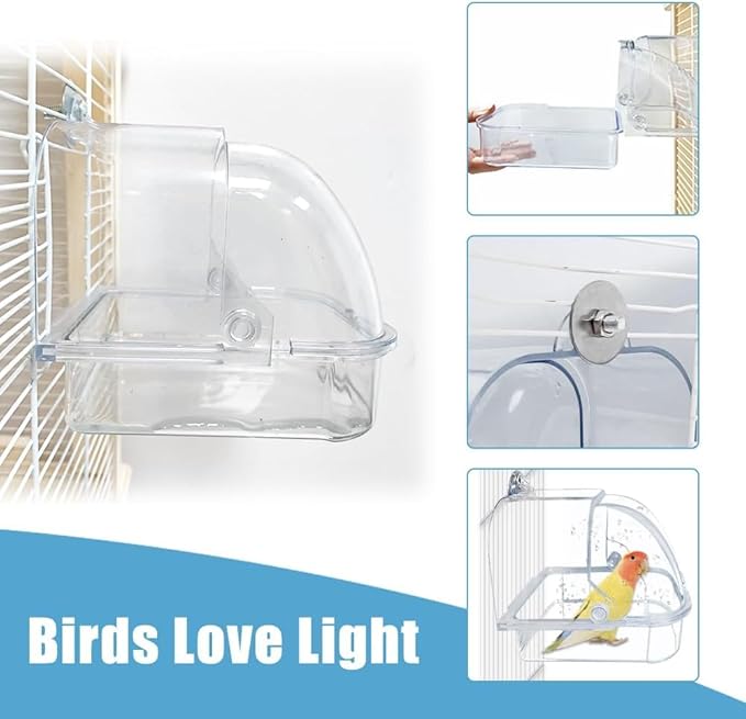Bird Bath for Cage - Spacious Parakeet & Parrot Bathtub with Hanging Hooks, Portable Shower for Most Birdcages, Cleaning Pet Supply (Clear)