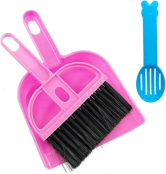 SEIS 3 Pack Hamster Mini Dustpan and Broom Set Guinea Pig Classical Besom Chinchillas Sweeper Cavy Cage Clean Hedgehogs Scooper for Small Animal (Pink)