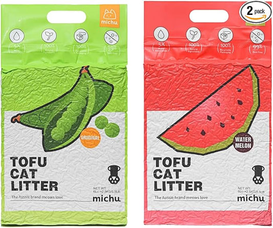 Michu Tofu Cat Litter Natural Clumping Tofu Cat Litter, Fast Clumping and Easily Scoop-able 5.5lb/88oz 5 Scents - Original + Watermelon, 2 Pack