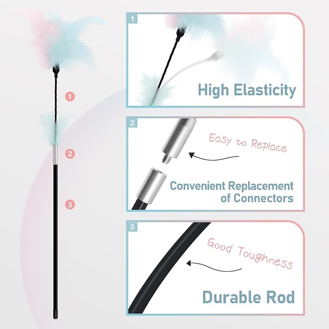 SONGWAY Cat Feather Wand Toy - Cat Teaser Toy Wand with 4 Flexible Feather Teaser Refills, Interactive Cute Tassel Cat Toys for Indoor Cats Kittens