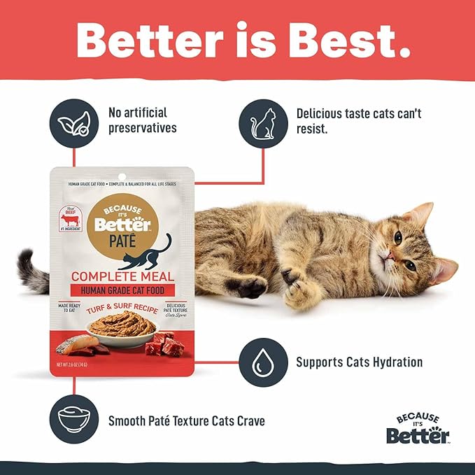Because It’s Better Pate Complete Meal - Wet Cat Food - Turf & Surf Recipe - Organic, Balanced, Smooth Pate Texture, Human-Grade Ingredients, Grain Free, 2.6 oz Pouches (12 Count)