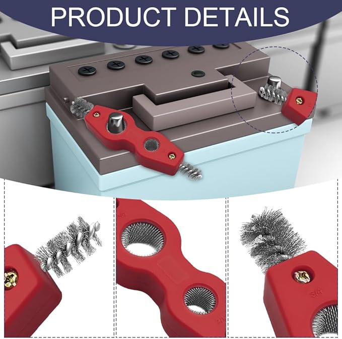 Car Battery Terminal Cleaning Brush, 4 in 1 Auto Battery Terminal Cleaning Tools, Copper Pipes Cleaner Brush Tool, Universal Battery Terminals Machine Parts Cleaning Tool (Red, 2PCS)