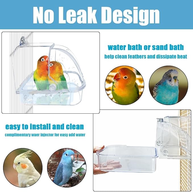 Bird Bath for Cage - Spacious Parakeet & Parrot Bathtub with Hanging Hooks, Portable Shower for Most Birdcages, Cleaning Pet Supply (Clear)